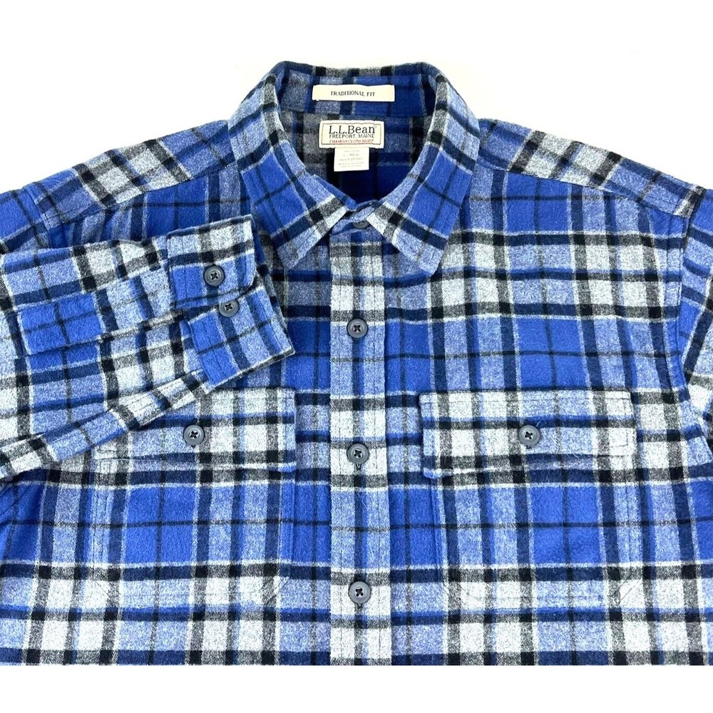 LL Bean Size L Mens Chamois Cloth Shirt Thick Cotton Blue Gray Black Plaid
